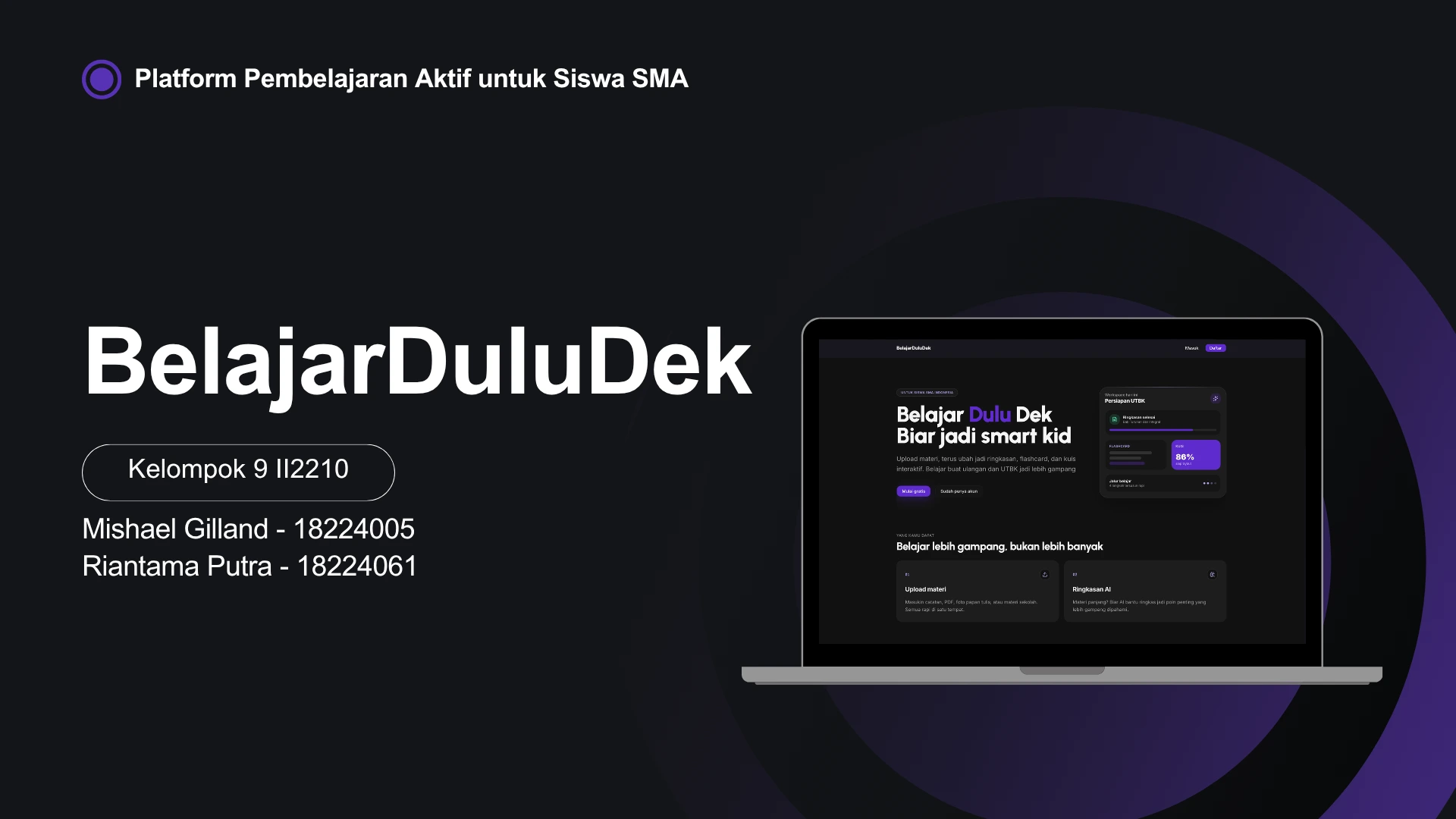 BelajarDuluDek landing page with its study workspace and learning tools.